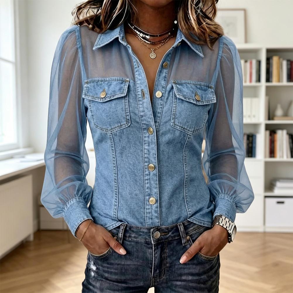 Women Fashion 80S - 2026 Mesh Patchwork Denim Blouse Women