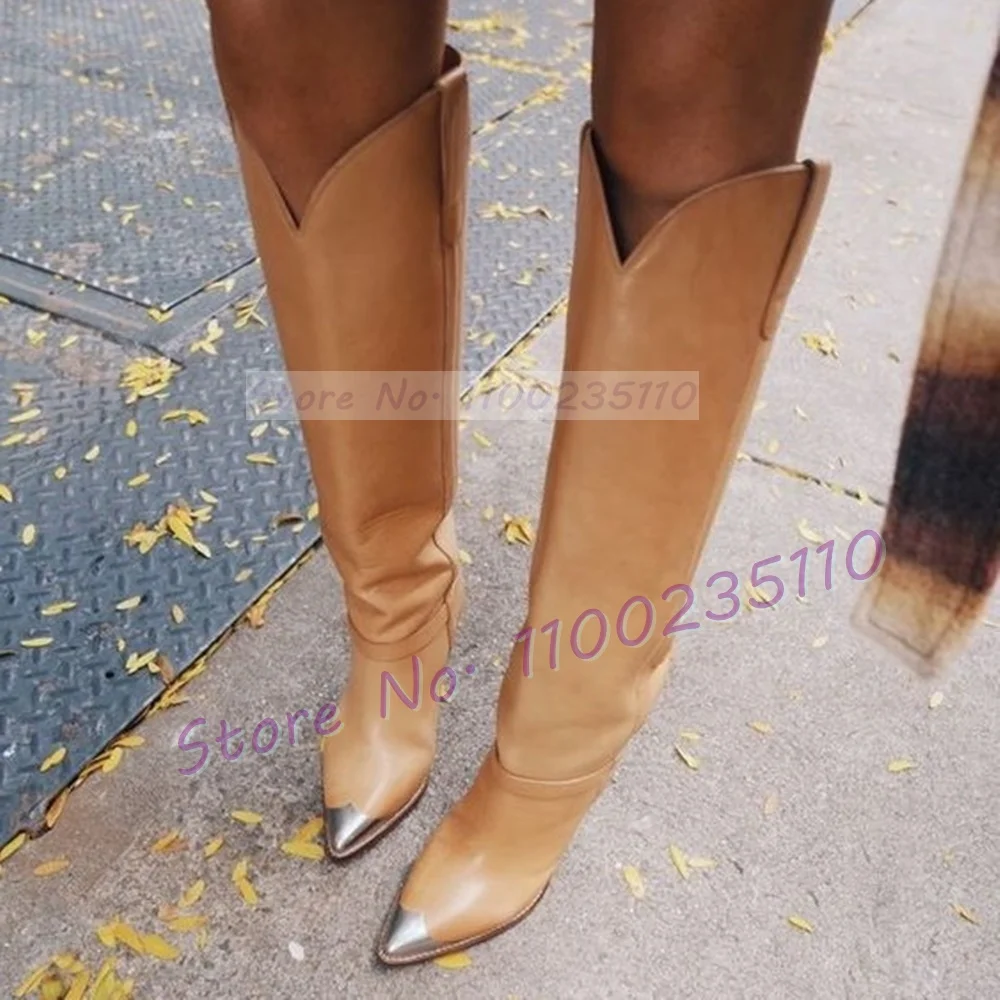 Women'S Fashion Knee High Boots - Silver Metal Toe Tan Knee-High Boots