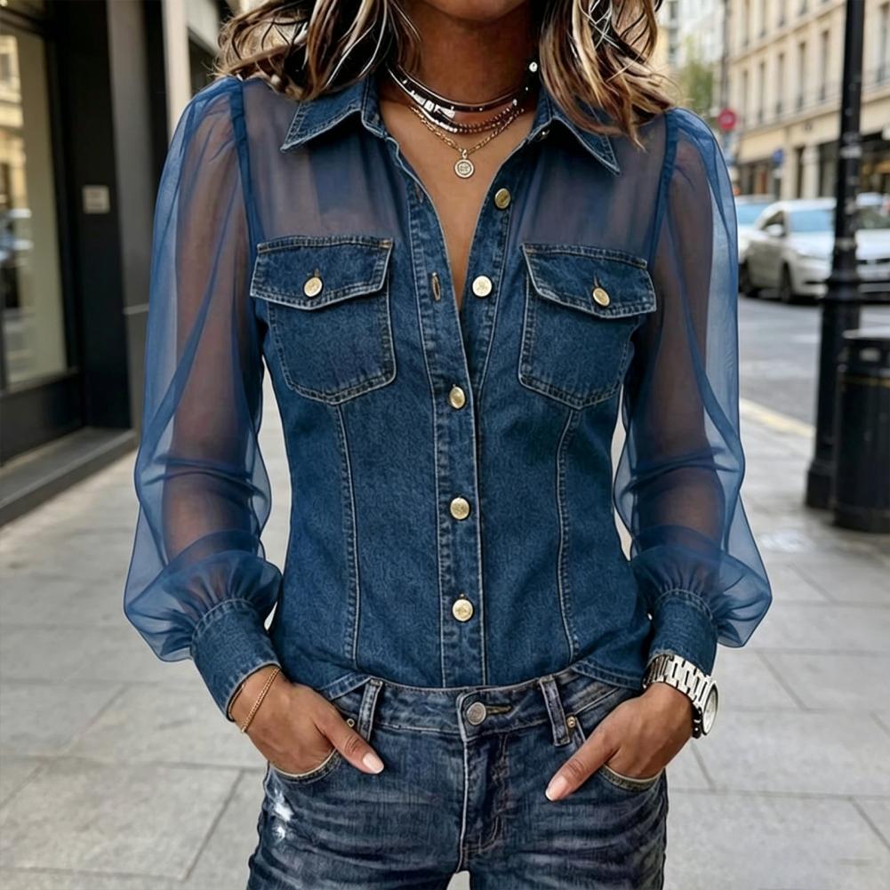 2026 Mesh Patchwork Denim Blou - Women Fashion 80S 评论和价格