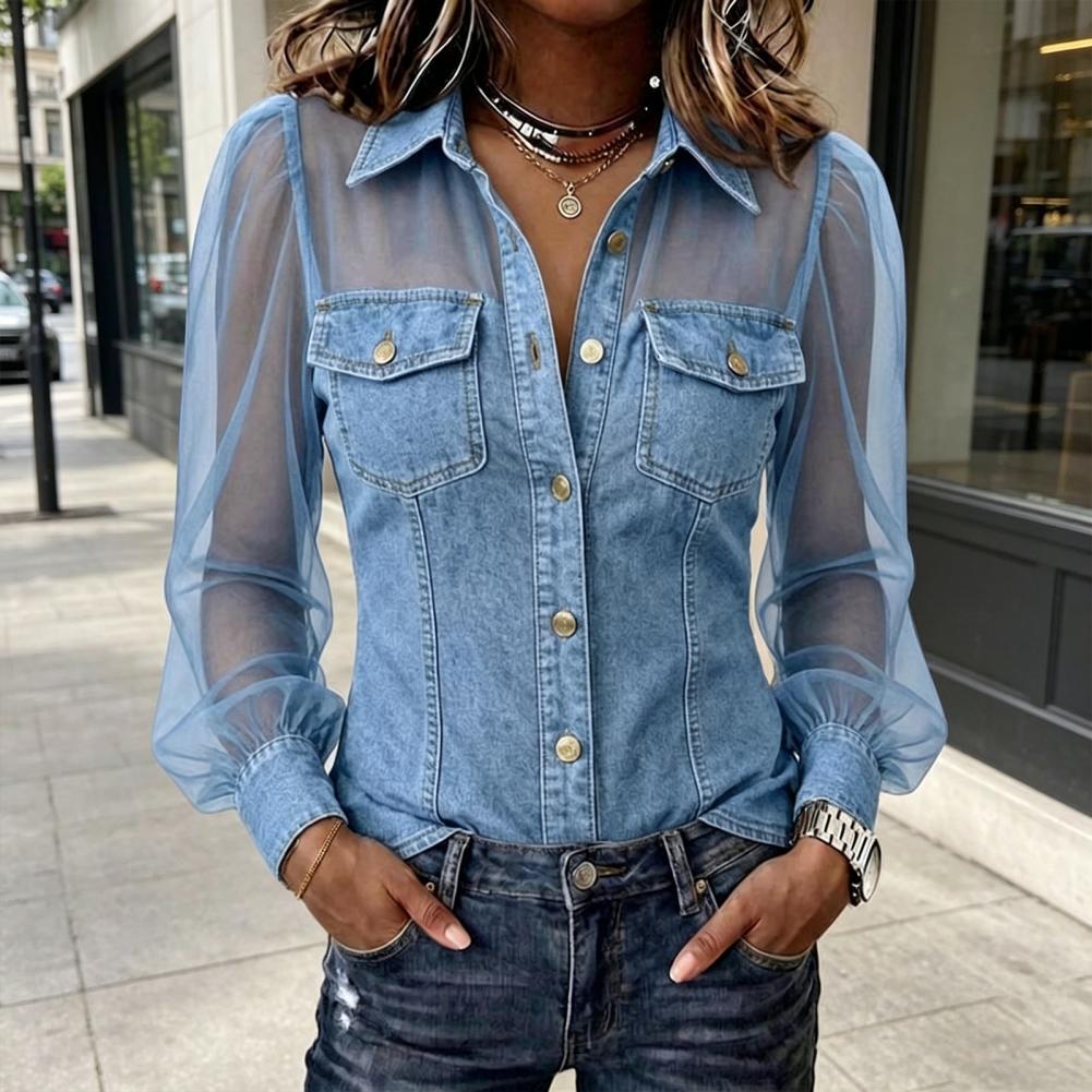 2026 Mesh Patchwork Denim Blou - Women Fashion 80S 评论和价格